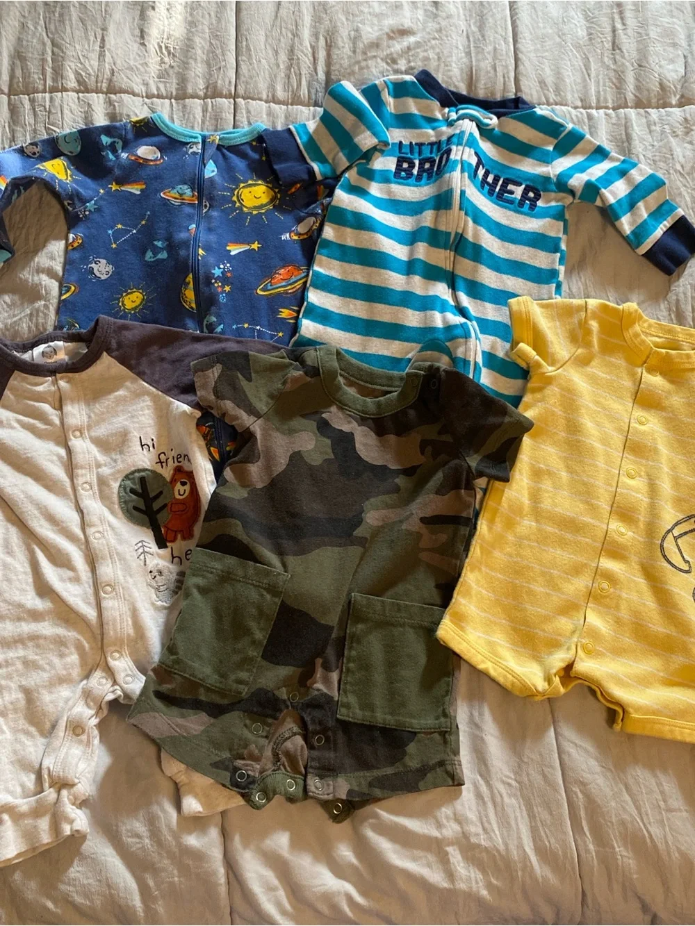 5 piece Assorted Baby Rompers - Camo, Yellow, Striped & Space Prints